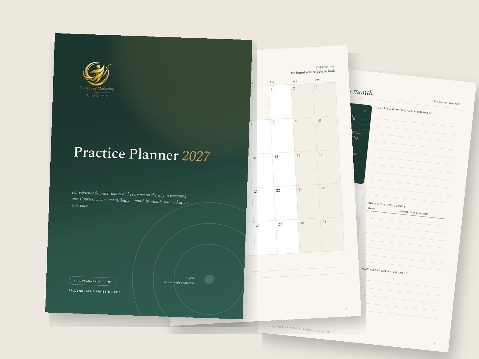 Free Practice Planner 2027 for Feldenkrais practitioners – cover, monthly calendar and focus page with a visibility prompt